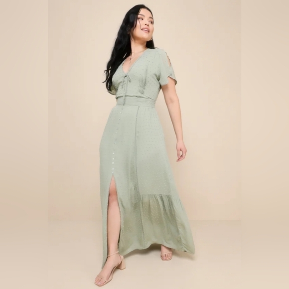 Lulus Women's Completely In Love Sage Green Swiss Dot Button-front Maxi Dress L - Picture 7 of 14